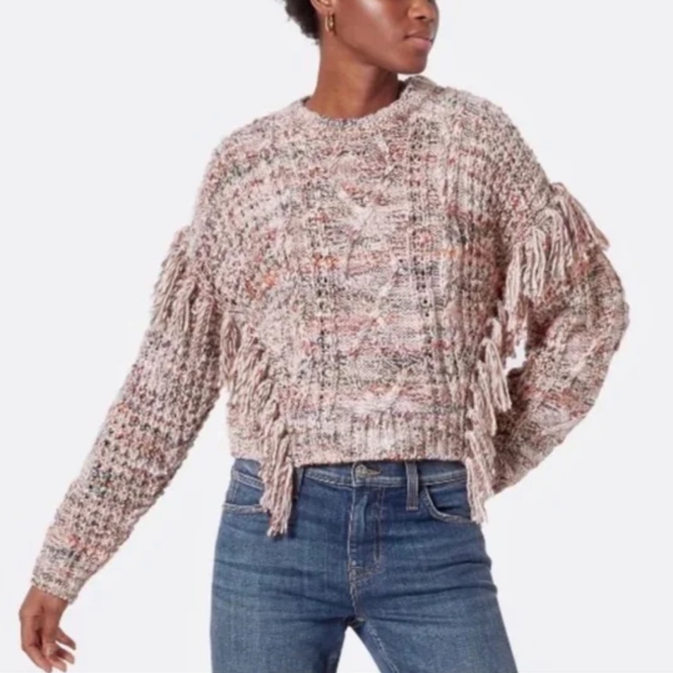 Joie Pastel Rose Meghan Cable Knit Fringe Cropped Sweater Sz M